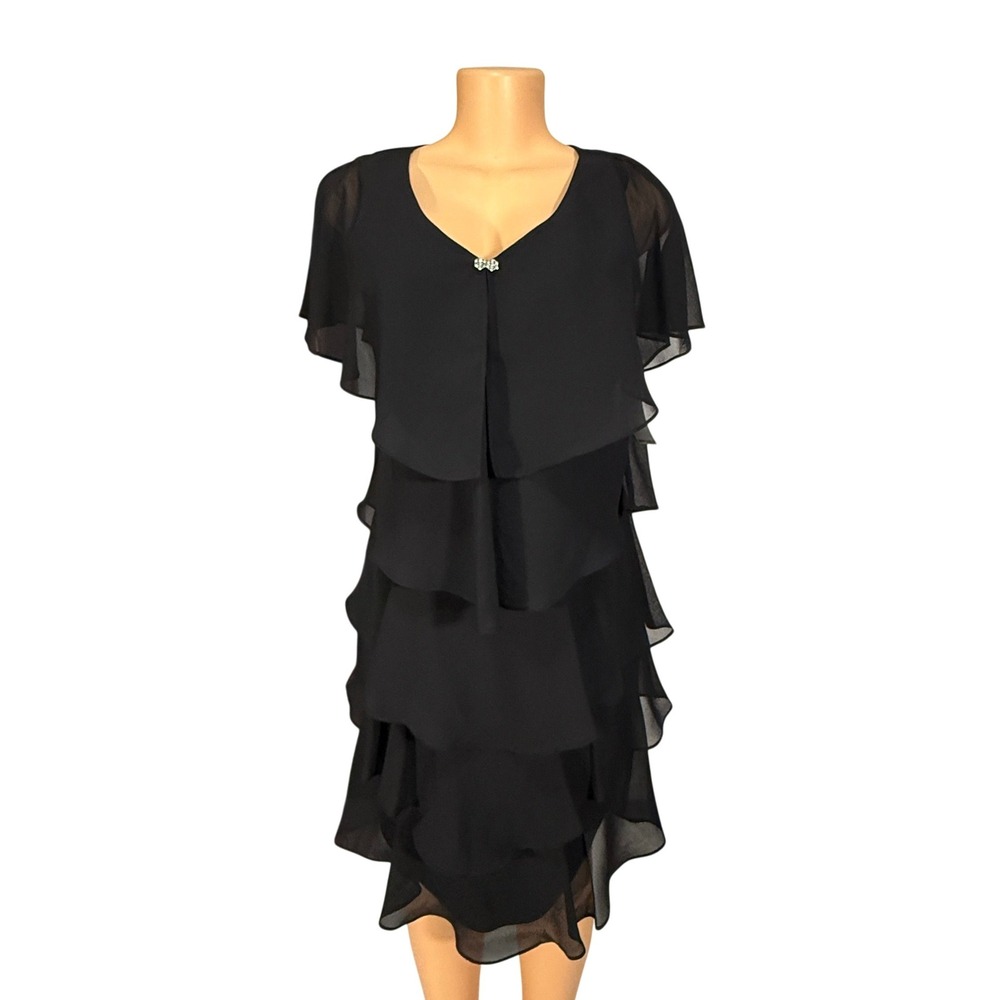 SLNY Black Chiffon Tiered Ruffle Capelet Dress Size 6